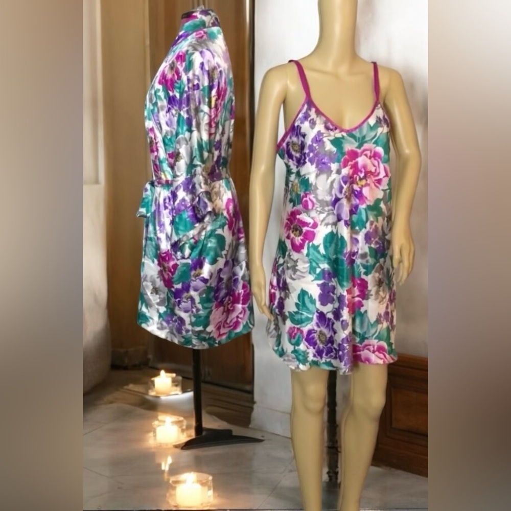 Floral Purple Pink Green Flowers Satin Kimono Robe & Nightgown Set